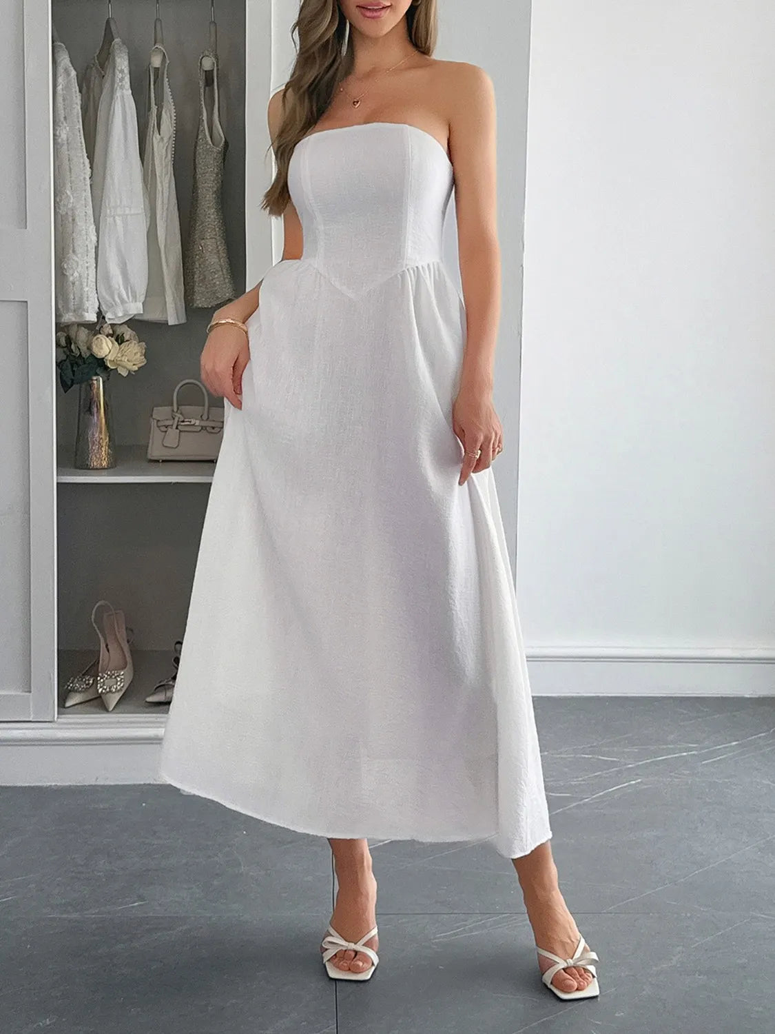 Image of Strapless A-Line Midi Dress with Pockets | Queeble.shop