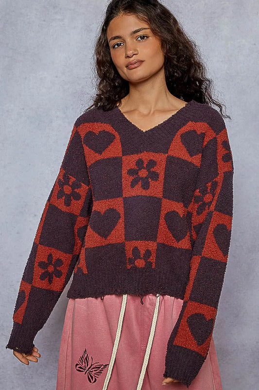 Image of POL V-Neck Heart Pattern Checkered Sweater | Queeble.shop