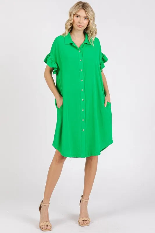 Image of Mittoshop Button Down Flounce Sleeve Dress with Pockets | Queeble.shop