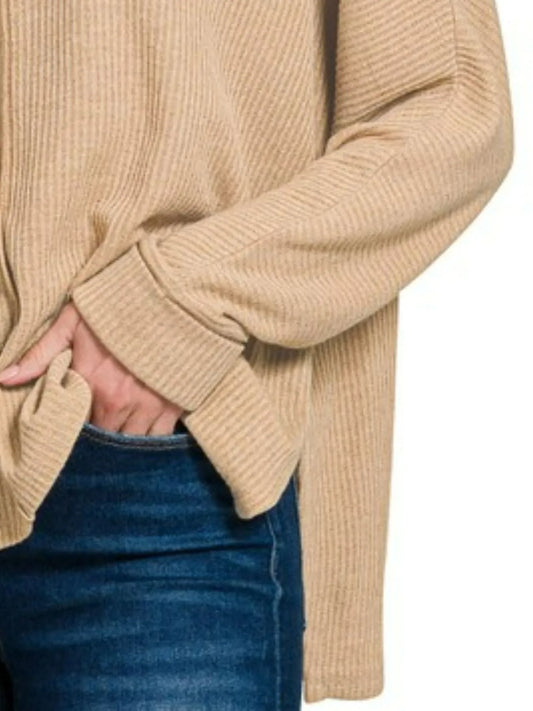 Image of Zenana Ribbed Center Seam Dolman Sleeve Hi Low Sweater | Queeble.shop