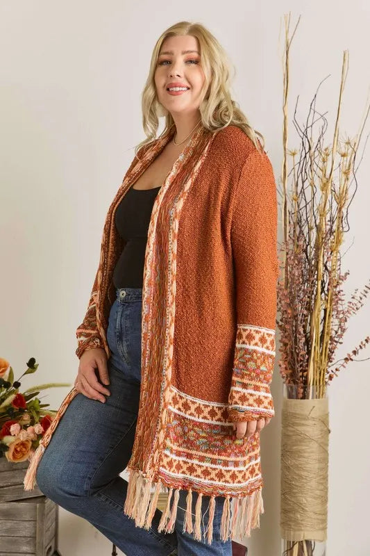 Image of ADORA Full Size Fringe Hem Aztec Border Cardigan Plus Size | Queeble.shop