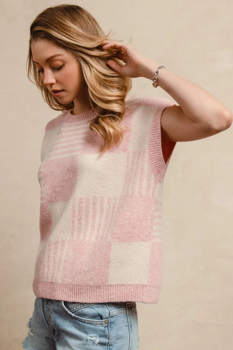 Image of BiBi Checker With Stripes Pattern Sleeveless Sweater | Queeble.shop