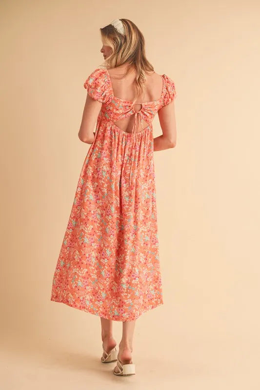 Image of Aemi + Co Cutout Back Floral Square Neck Puff Sleeve Midi Dress | Queeble.shop