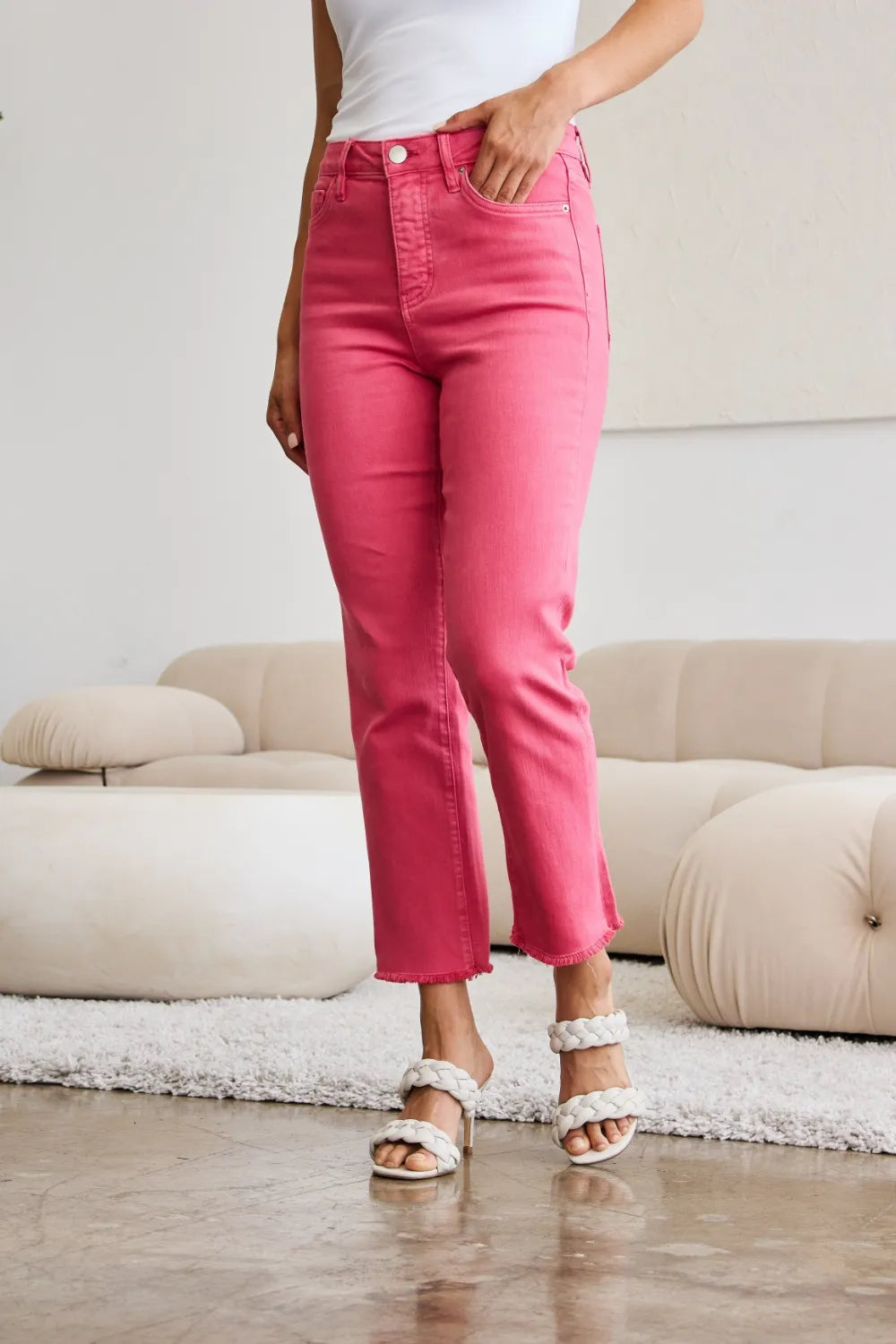 Image of RFM Crop Dylan Full Size Tummy Control High Waist Raw Hem Jeans | Queeble.shop