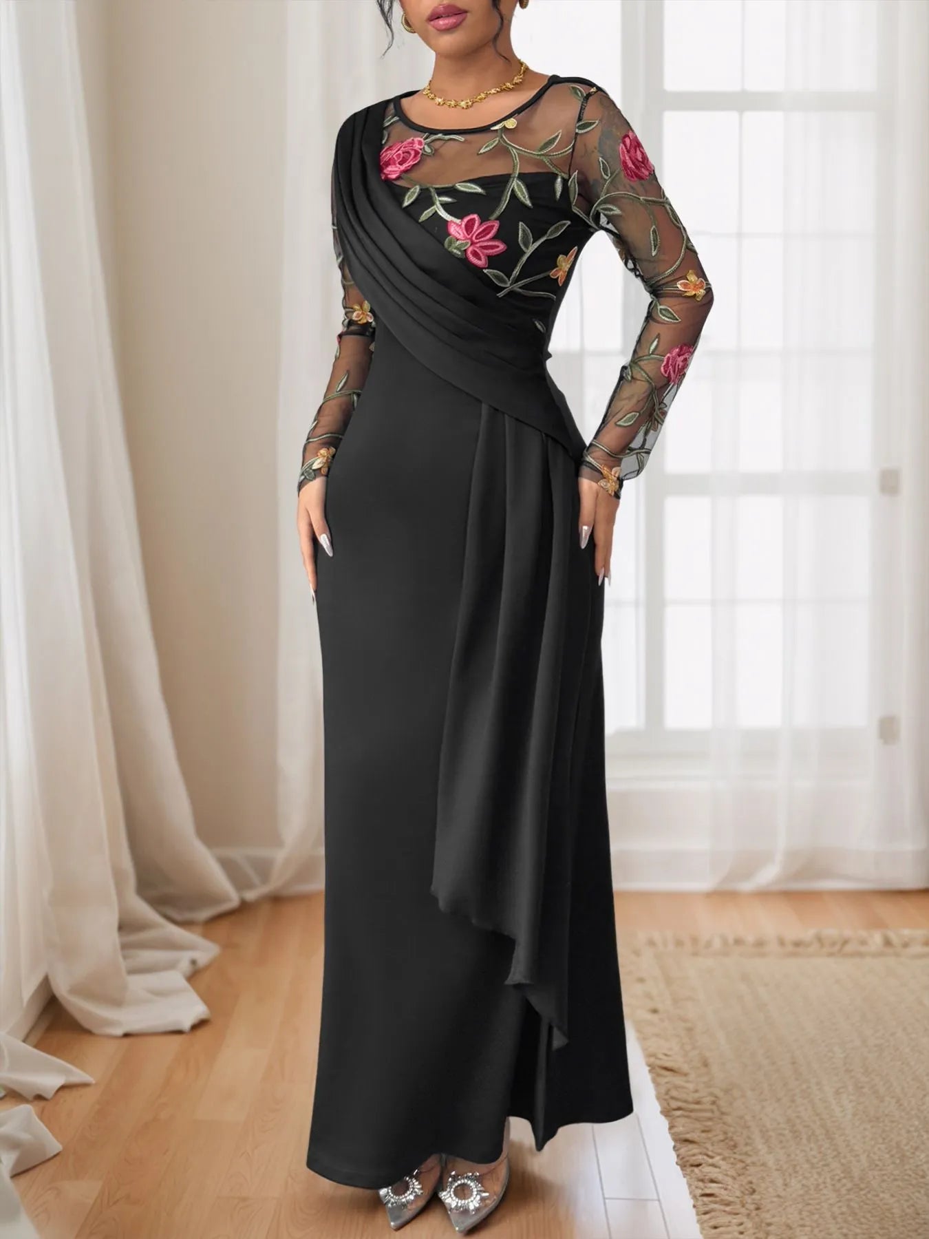 Image of Floral Mesh Sleeve Ruched Maxi Dress | Queeble.shop