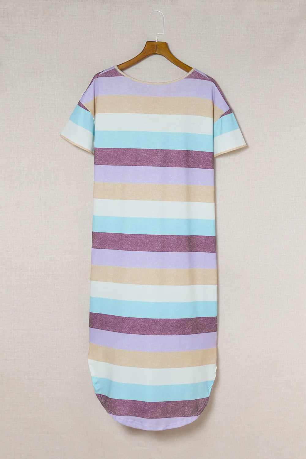 Image of Striped V-Neck Curved Hem Midi Dress | Queeble.shop