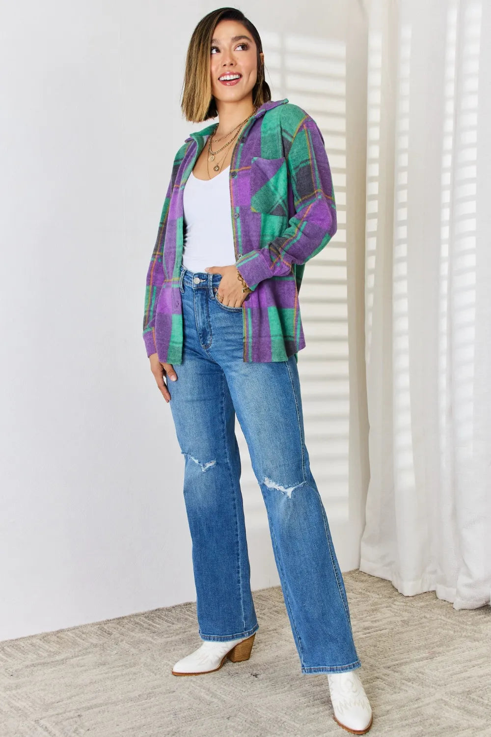 Image of Zenana Plaid Button Up Long Sleeve Shacket | Queeble.shop