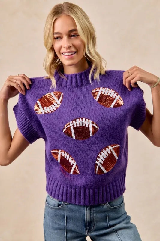 Image of BiBi Gameday Sequin Football Patches Rib Banded Sweater | Queeble.shop