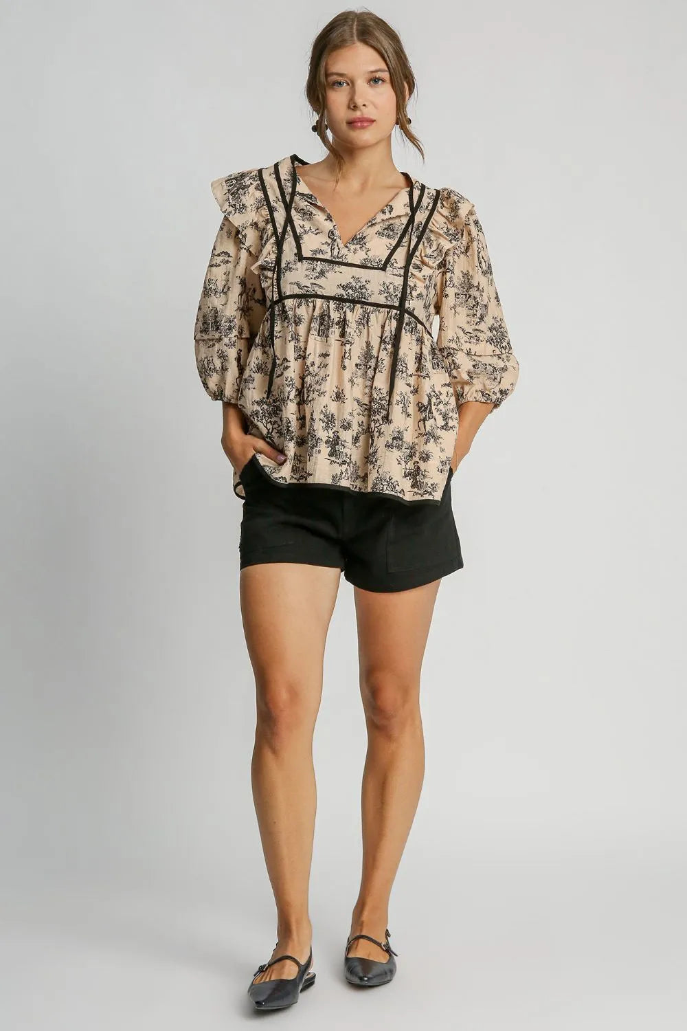 Image of Umgee Ruffled Tie Neck Puff Sleeve Babydoll Blouse | Queeble.shop