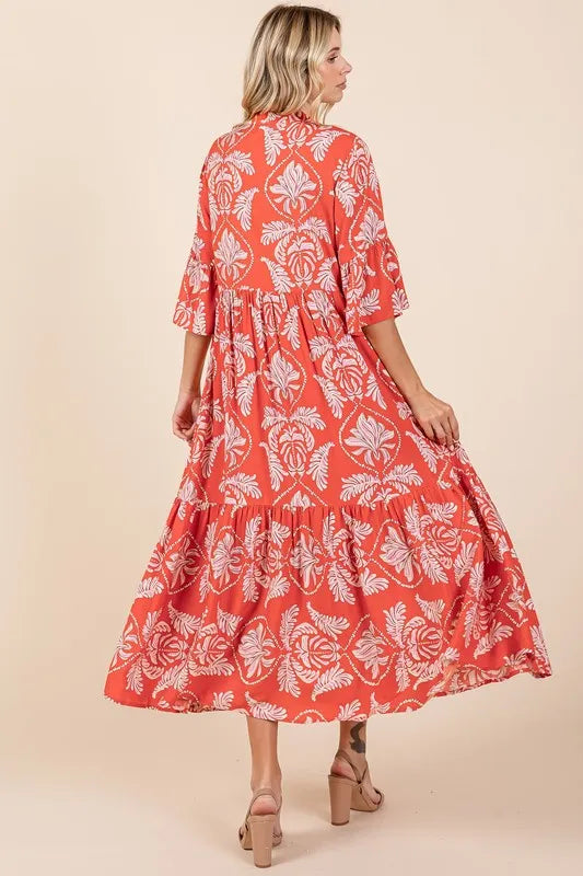 Image of Mittoshop Abstract Leaf Print Tiered Ruffle Dress | Queeble.shop