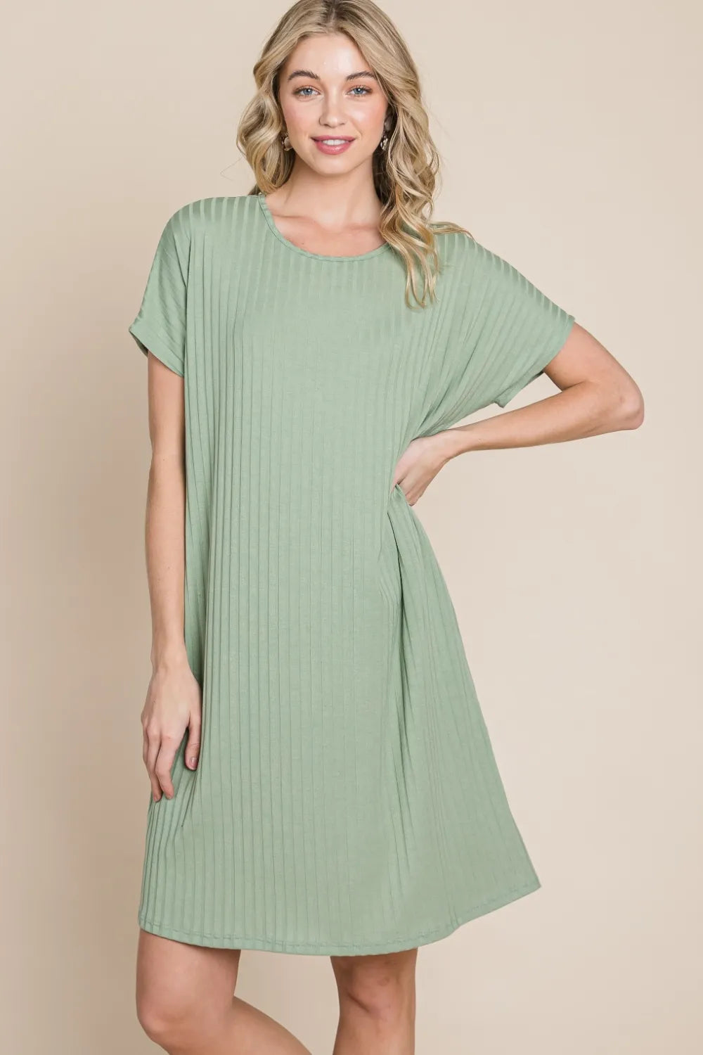 Image of BOMBOM Ribbed Round Neck Short Sleeve Dress | Queeble.shop