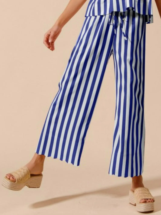 Image of SO ME Front Tie Stripe Puff Sleeves Top and Wide Leg Pants Set | Queeble.shop