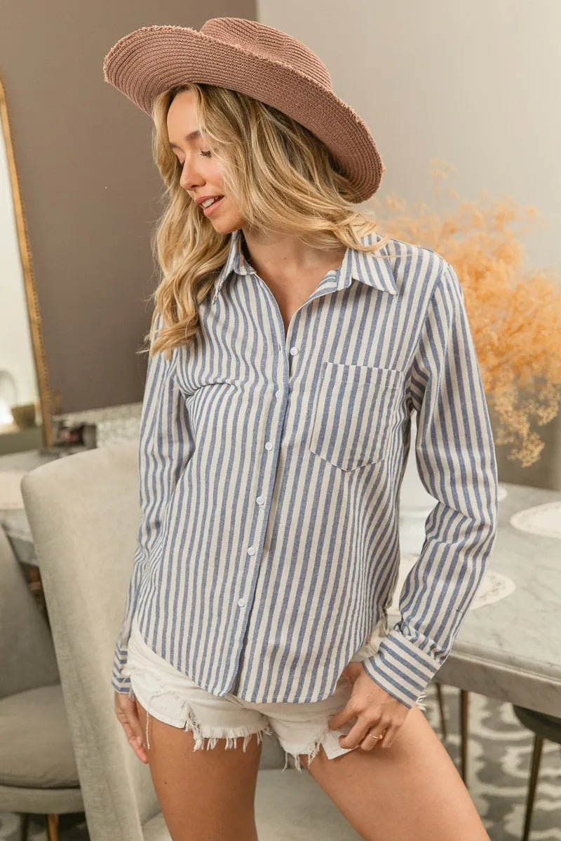 Image of BiBi Lurex Linen Stripe Shirt Button Down Top | Queeble.shop