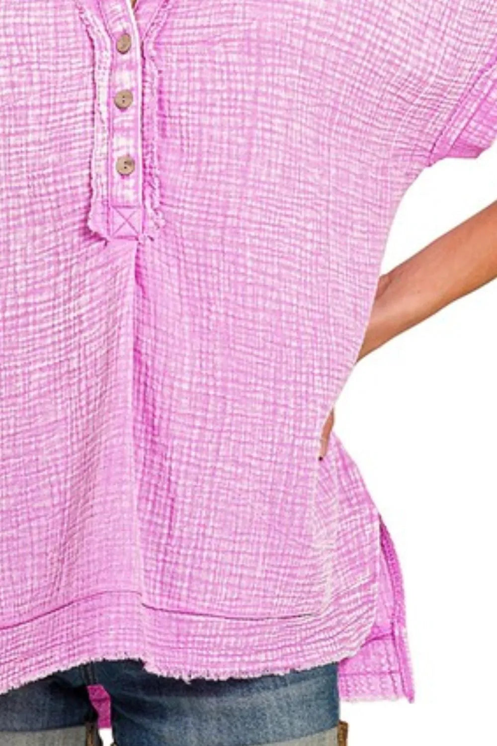 Image of Zenana Washed Double Gauze 3/4 Button Henley Neck Shirt | Queeble.shop