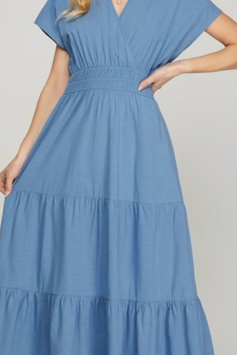Image of She + Sky Surplice Short Sleeve Tiered Maxi Dress With Pockets | Queeble.shop