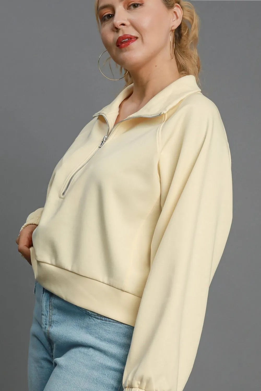 Image of Umgee Full Size Half Zip Cropped Sweatshirt Plus Size | Queeble.shop