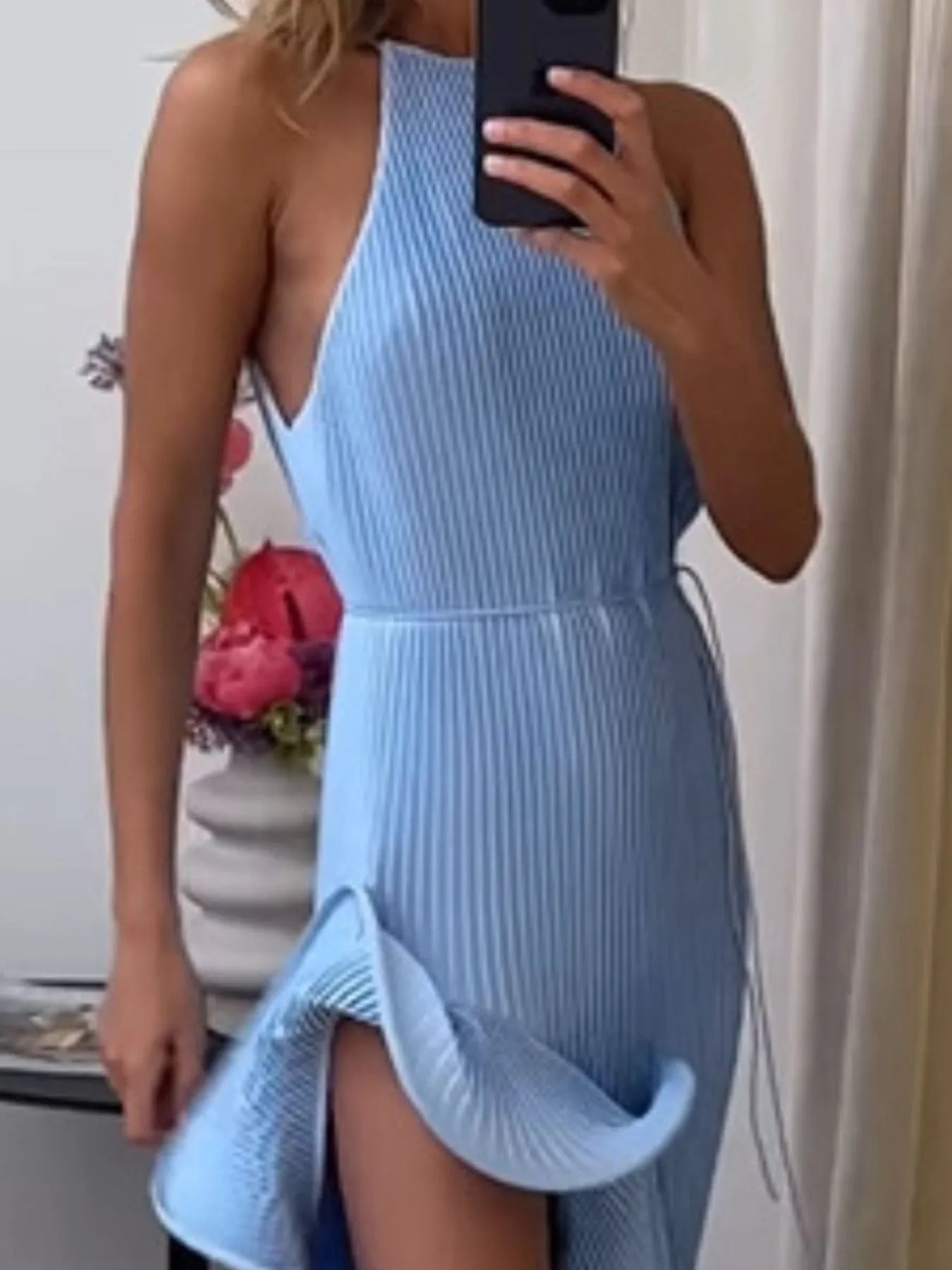 Image of Ruffle Hem Ribbed Sleeveless Dress | Queeble.shop