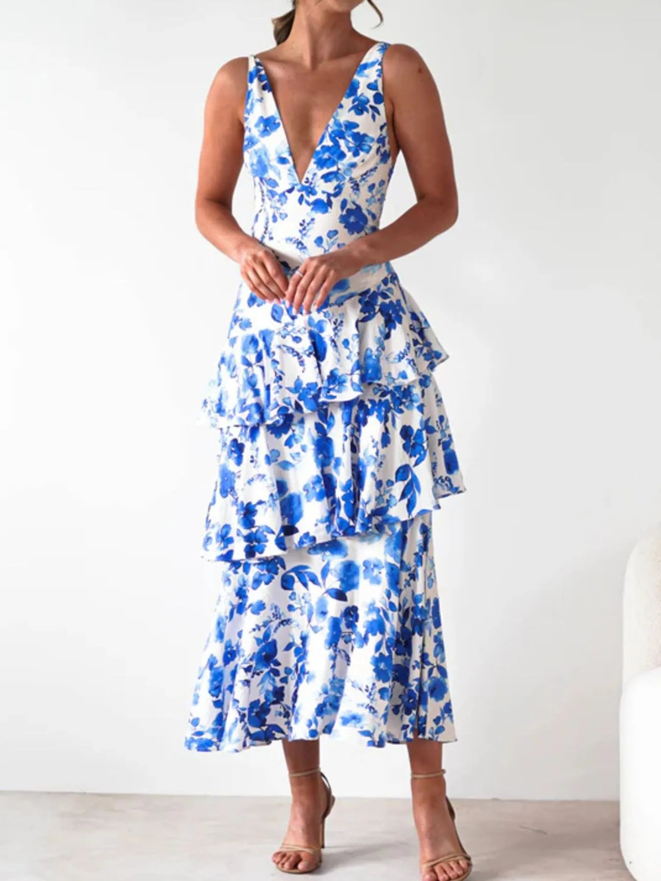 Image of Ruffled Layered Floral Deep V-Neck Dress | Queeble.shop