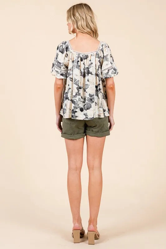 Image of Lime 'N' Chili Floral Print Lace Trim Puff Sleeve Blouse | Queeble.shop