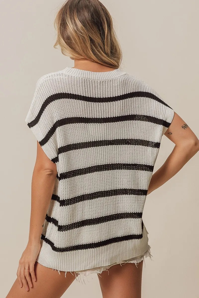 Image of BiBi Vacay Mode Lettering Drop Shoulder Striped Sweater | Queeble.shop