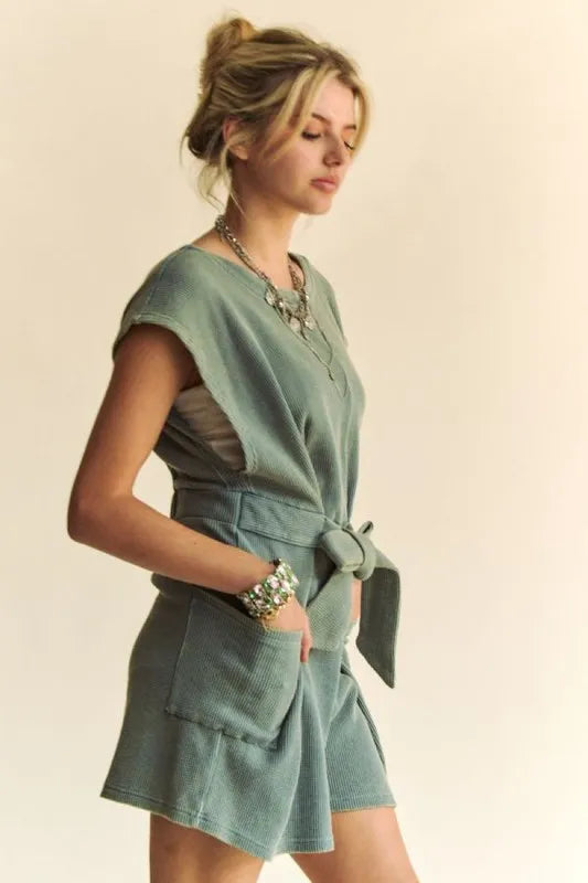 Image of Davi & Dani Acid-Washed Waffle Knit Cuffed Sleeves Romper | Queeble.shop