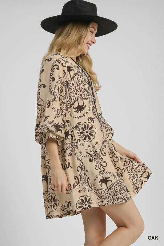 Image of Umgee Boho Printed Balloon Sleeve Mini Dress | Queeble.shop