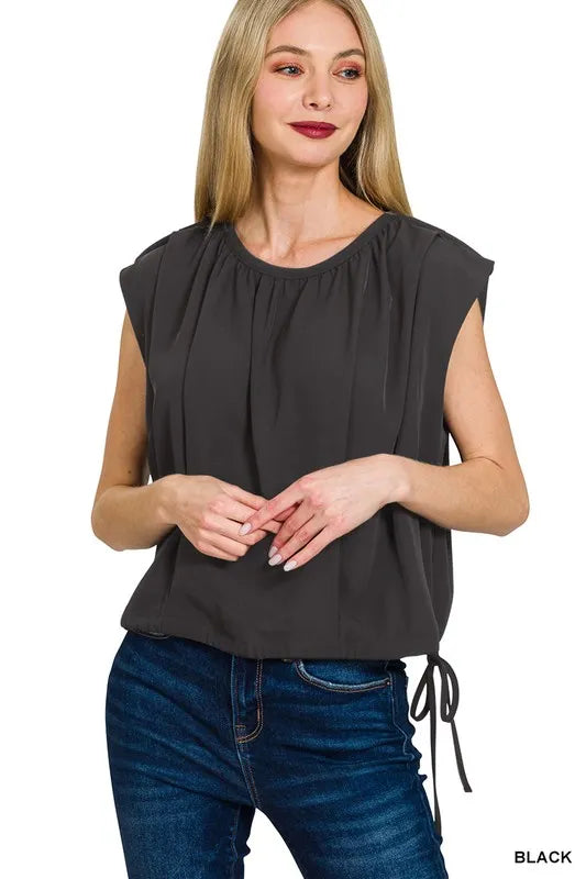 Image of Zenana Woven Drawstring Tie Side Sleeveless Top | Queeble.shop