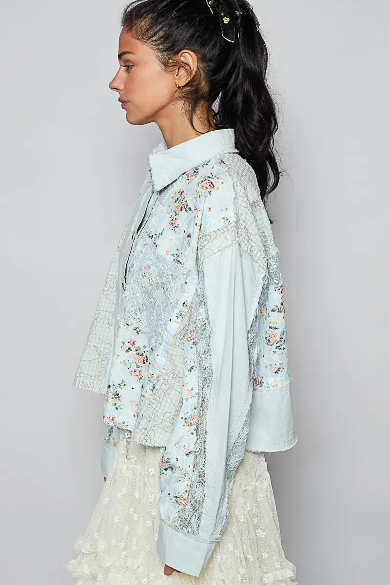 Image of POL Floral Long Sleeve Shirt with Lace Panel Details | Queeble.shop