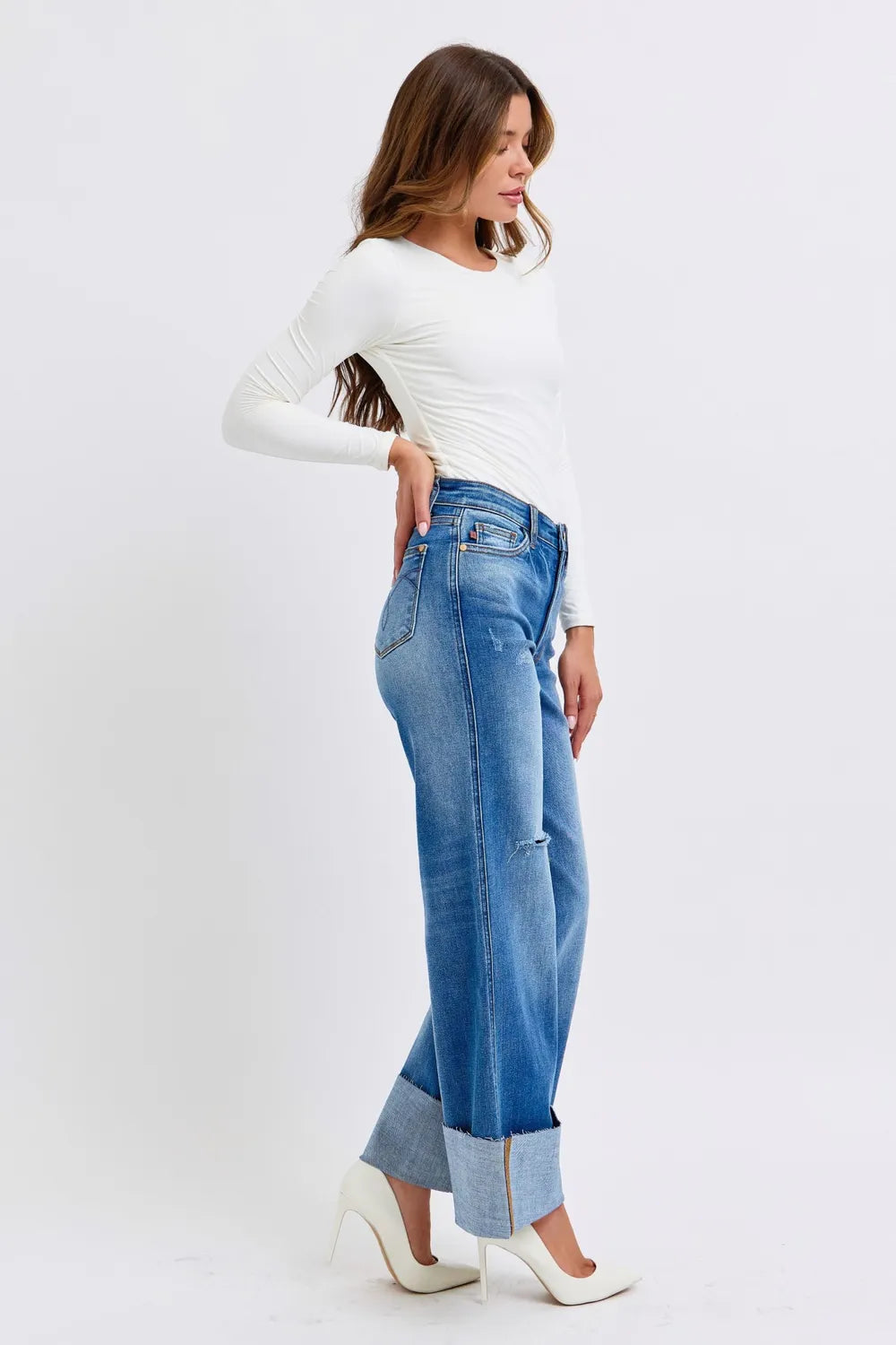 Image of Judy Blue Full Size Distressed High Waist Wide Leg Jeans | Queeble.shop