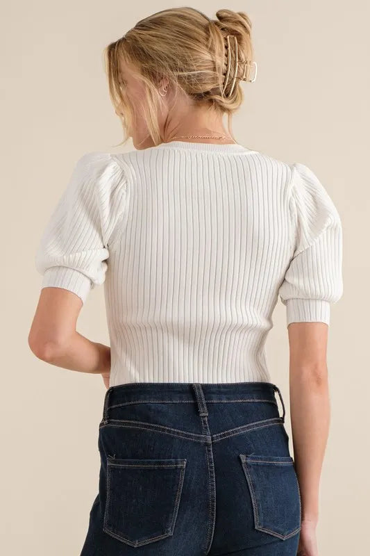 Image of And The Why Puffed Half Sleeve Rib Basic Bodysuit | Queeble.shop