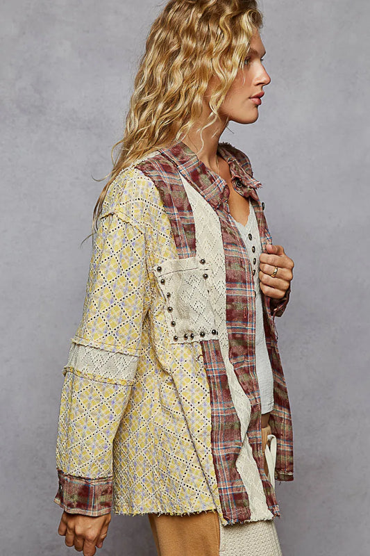 Image of POL Studded Contrast Plaid Long Sleeve Shirt | Queeble.shop