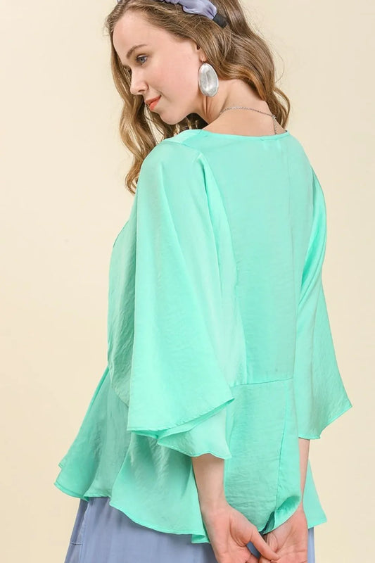 Image of Umgee Full Size Satin Pleated Peplum Round Neck Blouse Plus Size | Queeble.shop