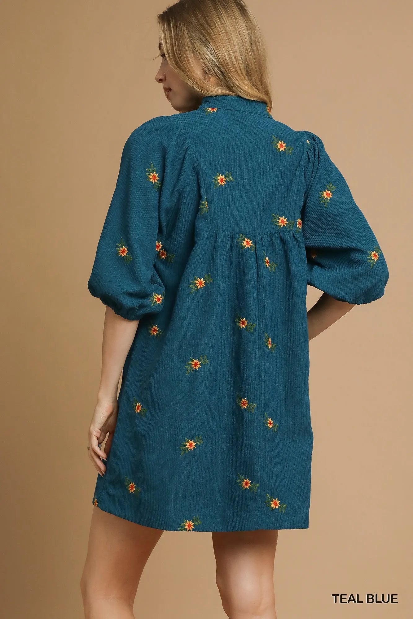 Image of Umgee Corduroy Babydoll Dress with Floral Embroidery | Queeble.shop