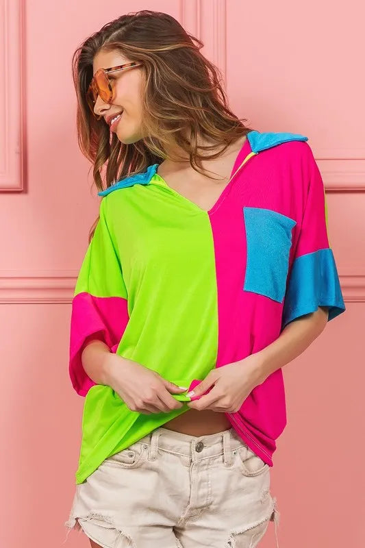 Image of BiBi Slinky Knit Color Block V Neck Front Top | Queeble.shop