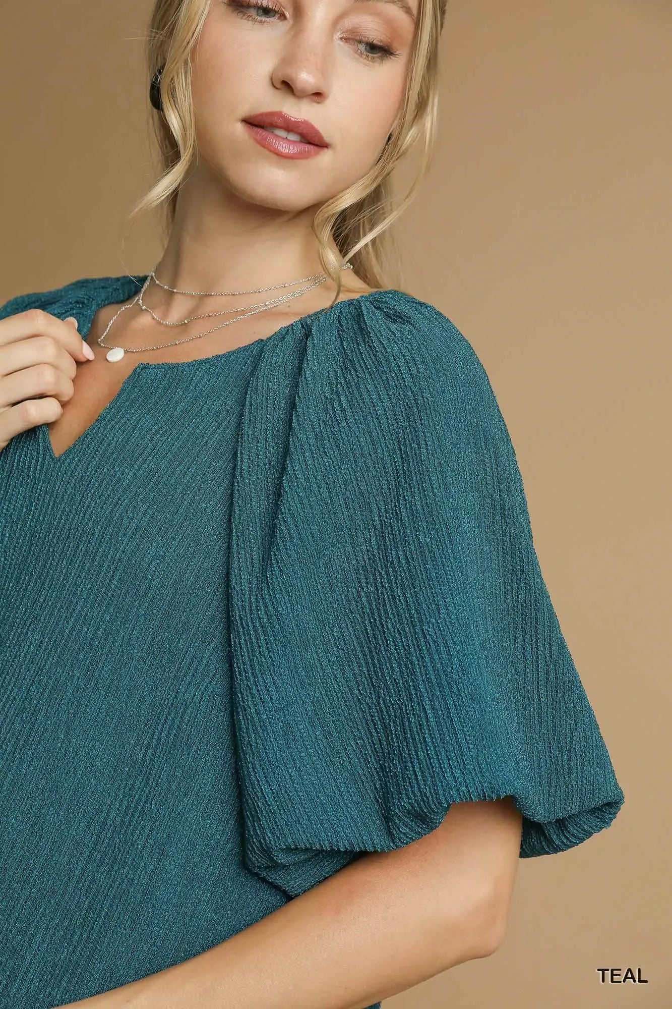 Image of Umgee Textured Flutter Sleeve Notch Neck Top | Queeble.shop