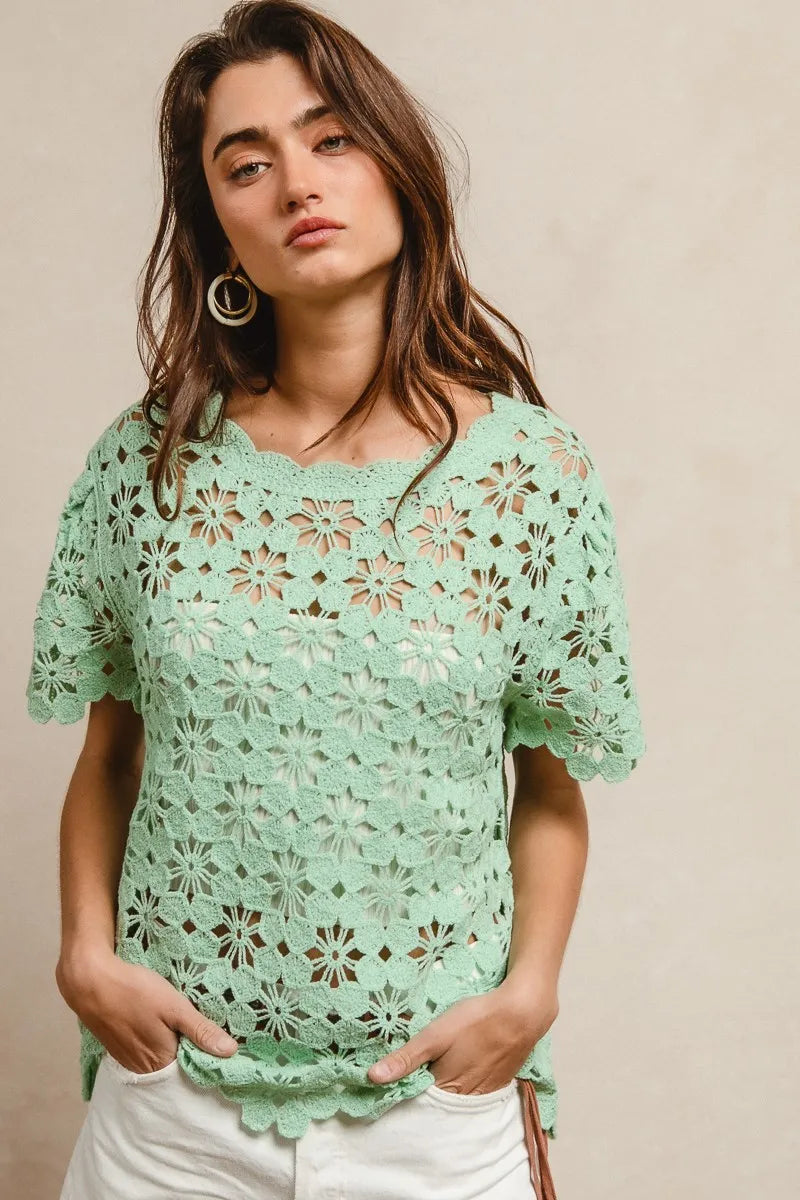 Image of BiBi Openwork Crochet Short Sleeve Knit Top | Queeble.shop