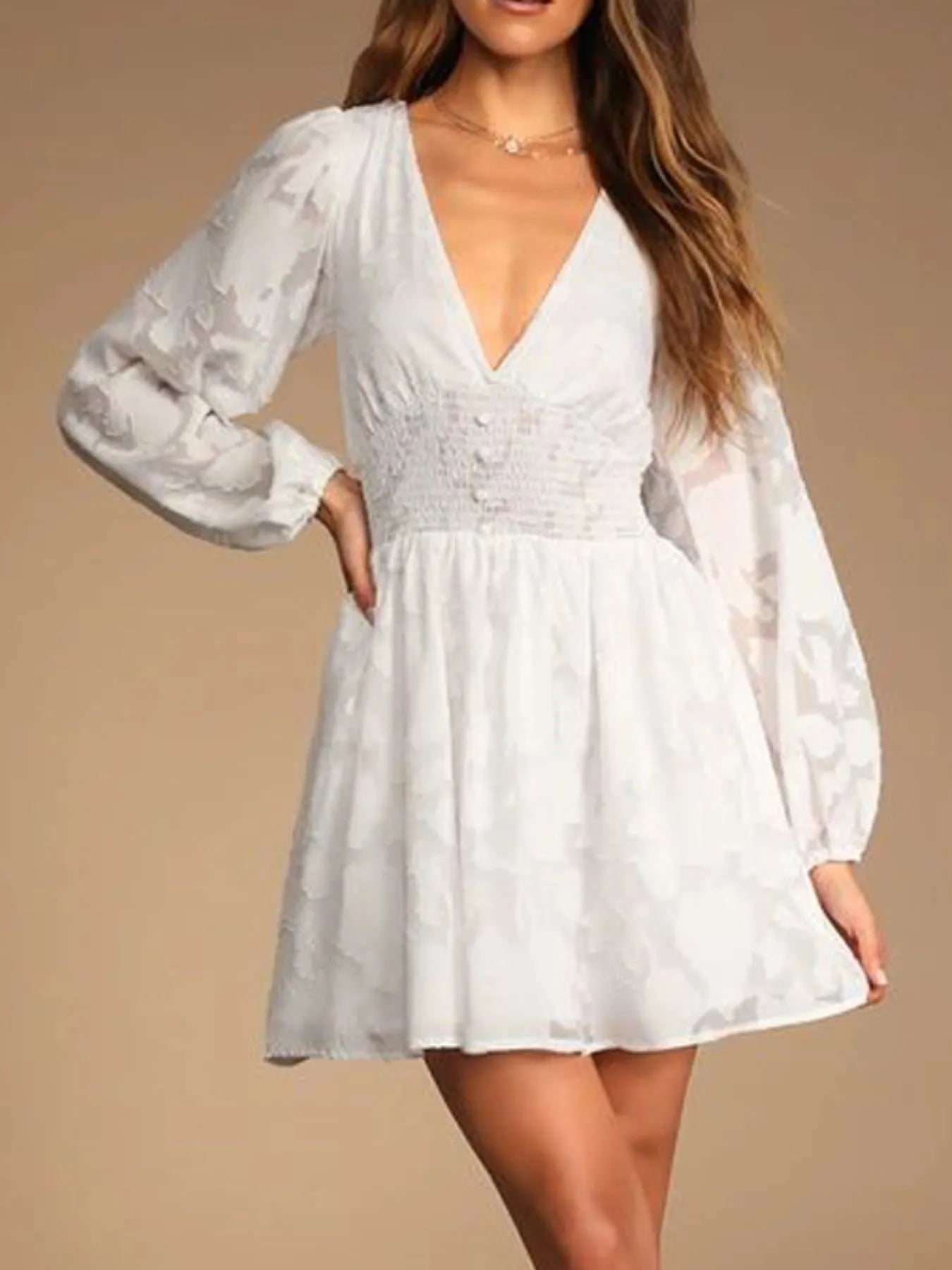 Image of Smocked V-Neck Balloon Sleeve Dress | Queeble.shop