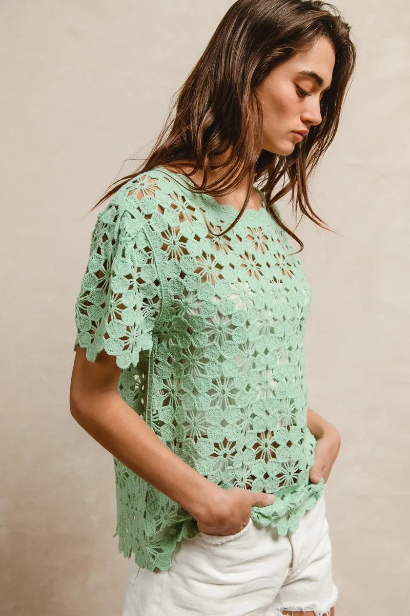 Image of BiBi Openwork Crochet Short Sleeve Knit Top | Queeble.shop