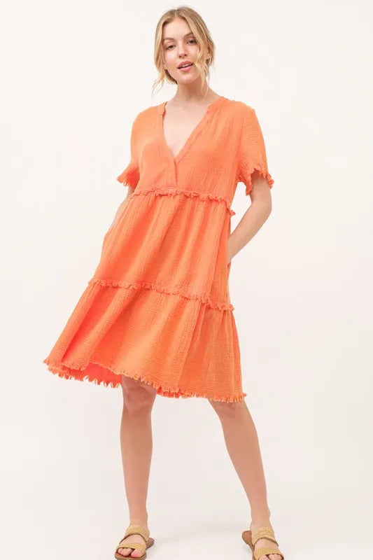 Image of And The Why Washed Frayed Detail Tiered Dress | Queeble.shop