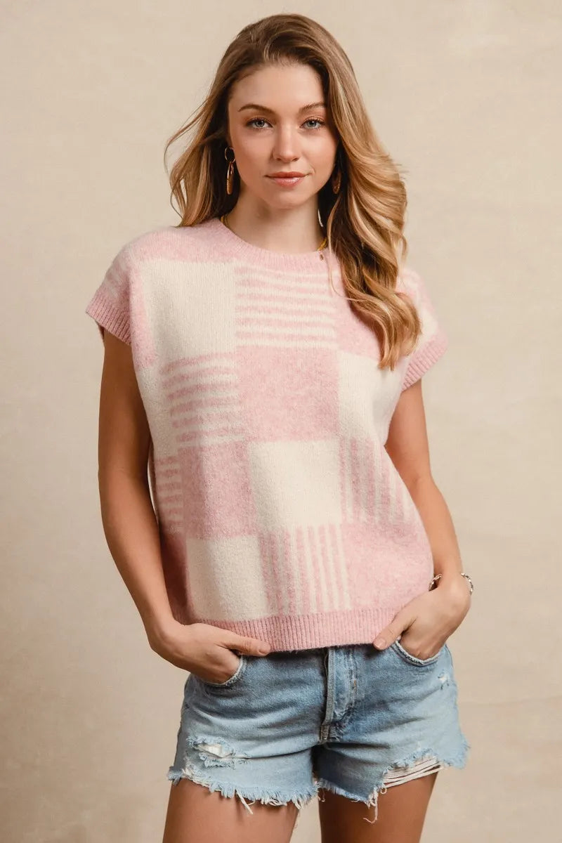 Image of BiBi Checker With Stripes Pattern Sleeveless Sweater | Queeble.shop