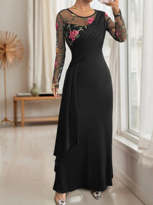 Image of Floral Mesh Sleeve Ruched Maxi Dress | Queeble.shop