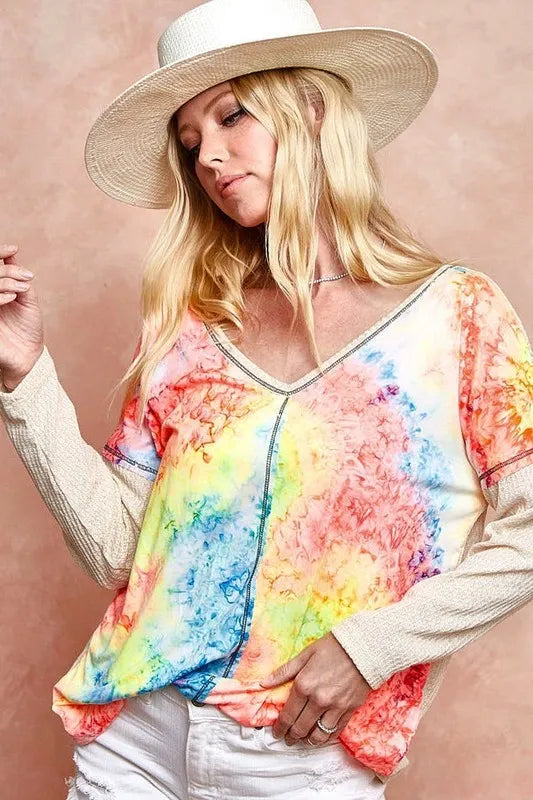 Image of BiBi Print Block V Neck Top with Contrast Stitching | Queeble.shop