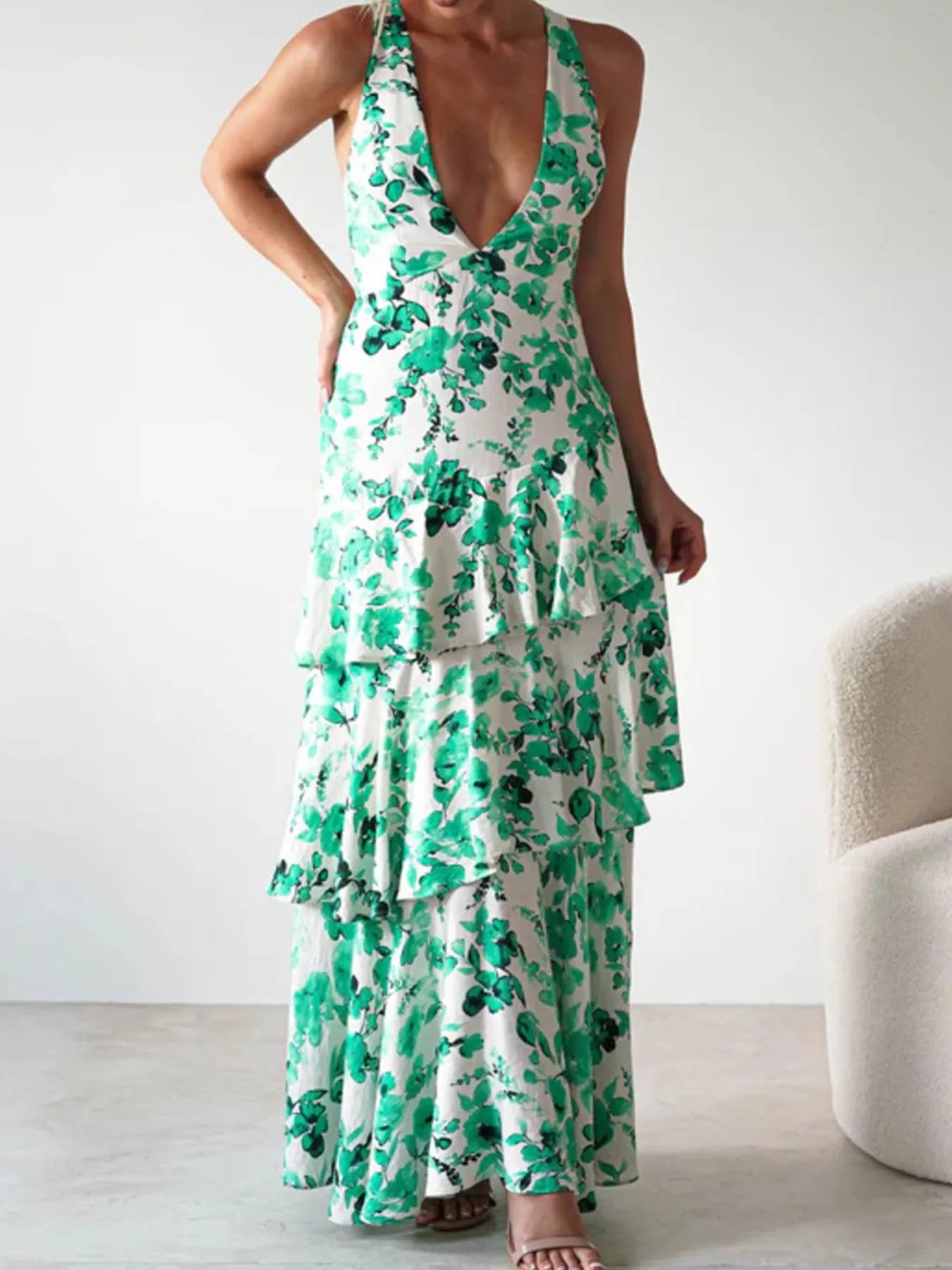 Image of Ruffled Layered Floral Deep V-Neck Dress | Queeble.shop
