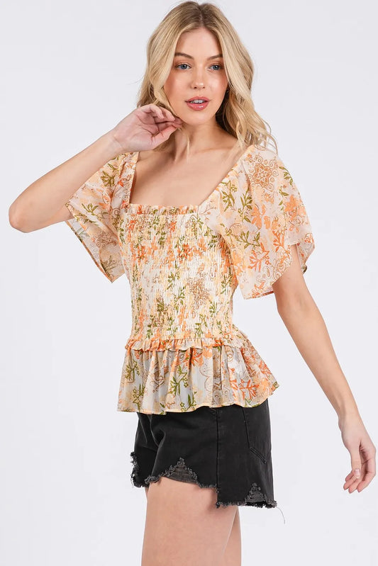 Image of Mittoshop Floral Chiffon Smocked Square Neck Peplum Top | Queeble.shop