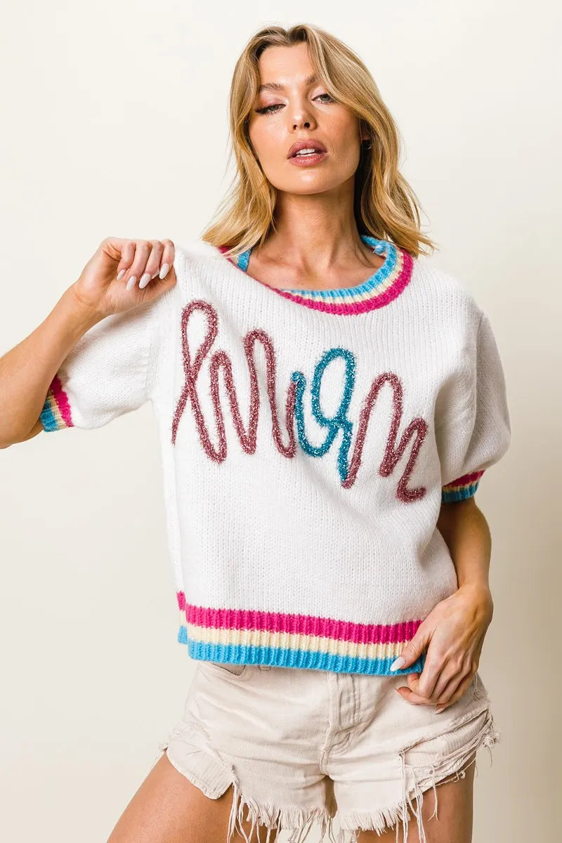 Image of BiBi Metallic Letter Short Puff Sleeve Sweater | Queeble.shop