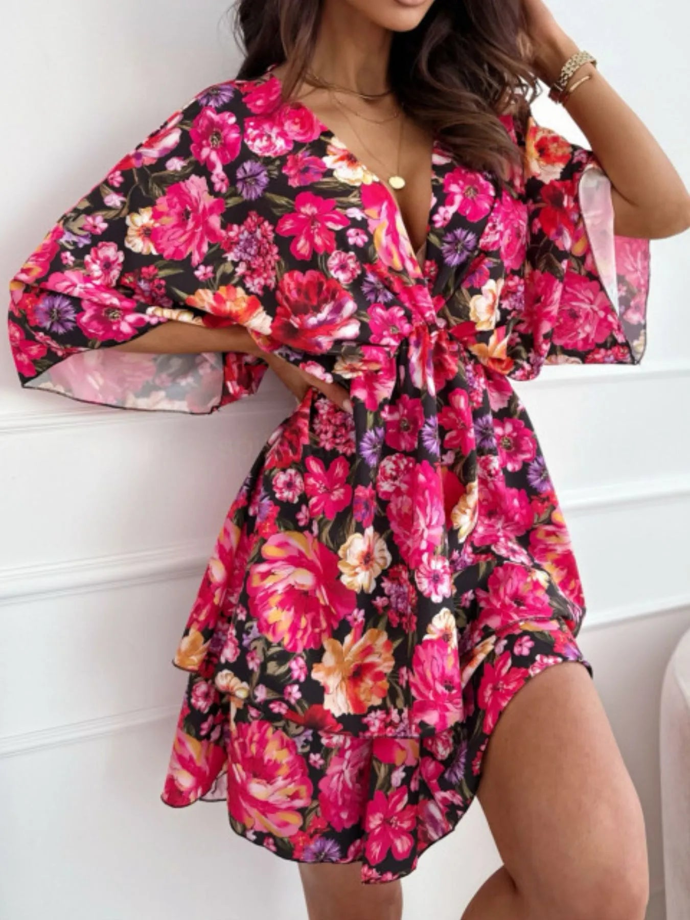 Image of Floral Print V-Neck Ruffle Mini Dress | Queeble.shop