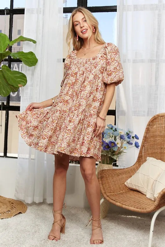 Image of ADORA Floral Square Neck Puff Sleeve Dress | Queeble.shop