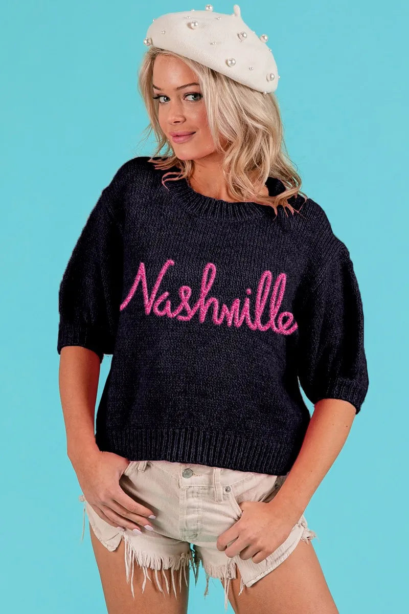 Image of BiBi Metallic Letter Short Puff Sleeve Hairy Sweater | Queeble.shop