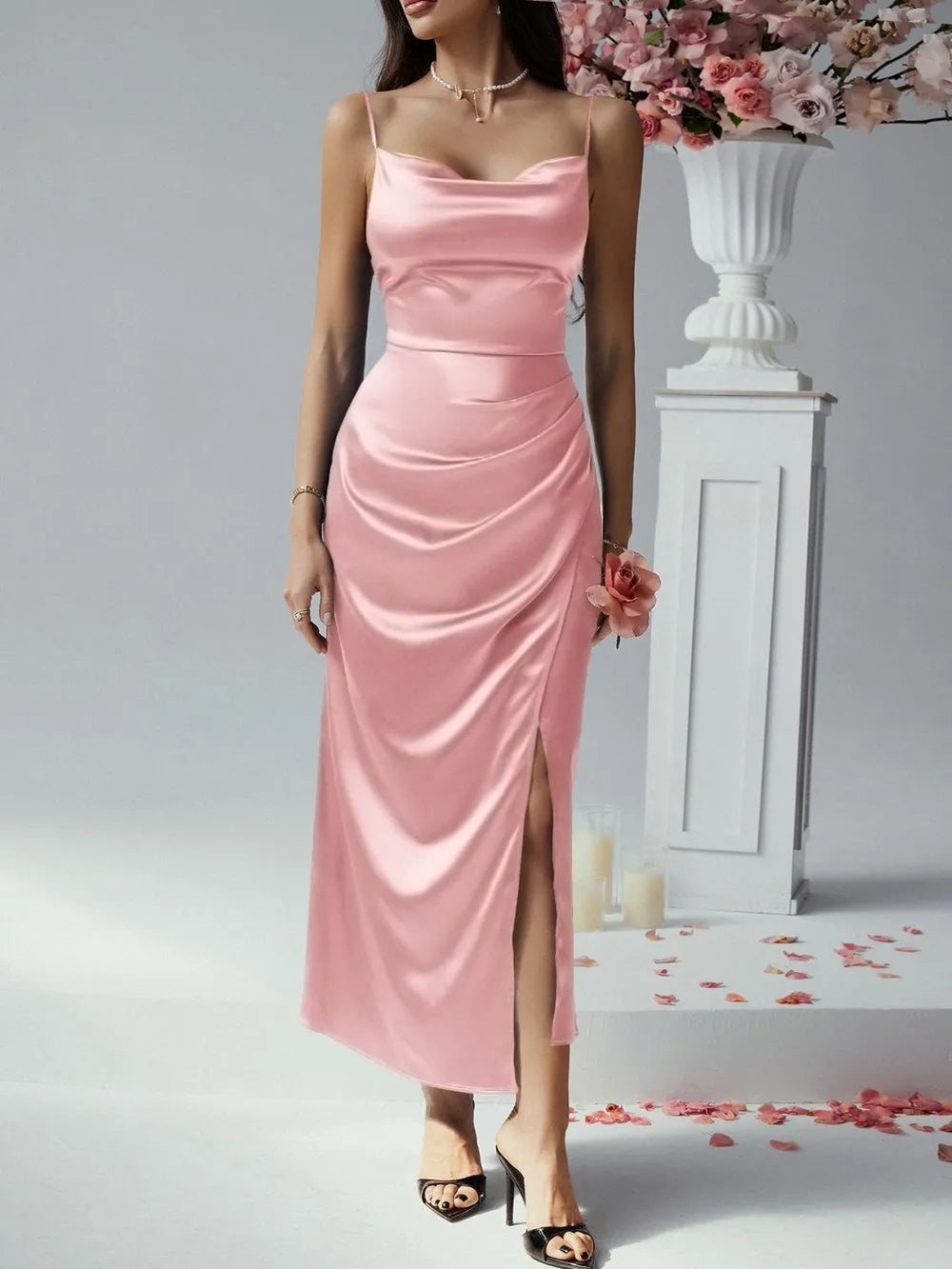 Image of Devine Slit Ruched Maxi Cami Dress | Queeble.shop