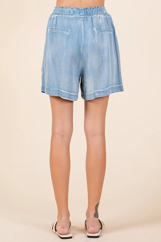 Image of Mittoshop Washed Chambray Elastic Waist Easy Fit Shorts | Queeble.shop
